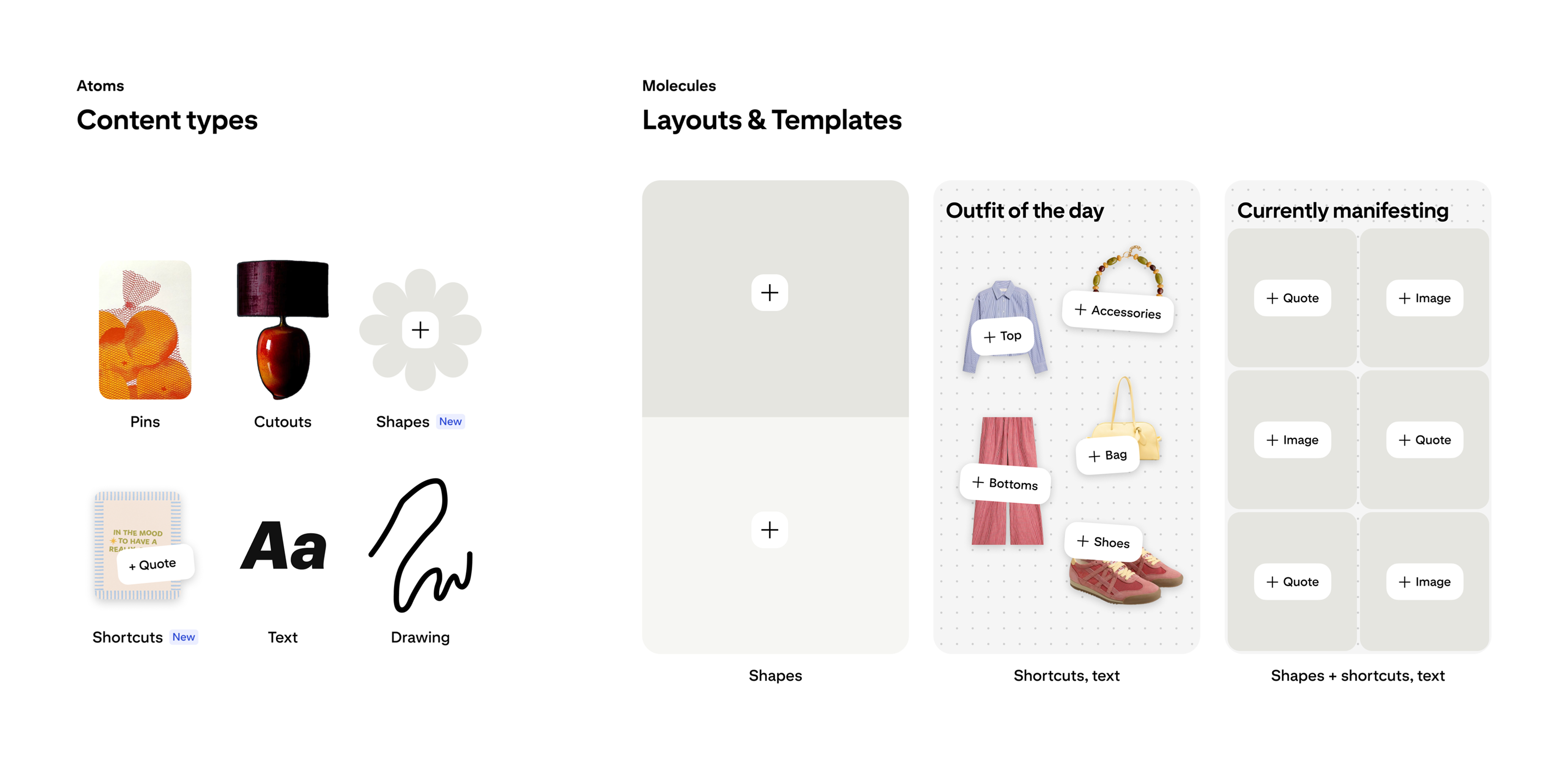Pinterest Collages atomic design system showing content types and layout templates