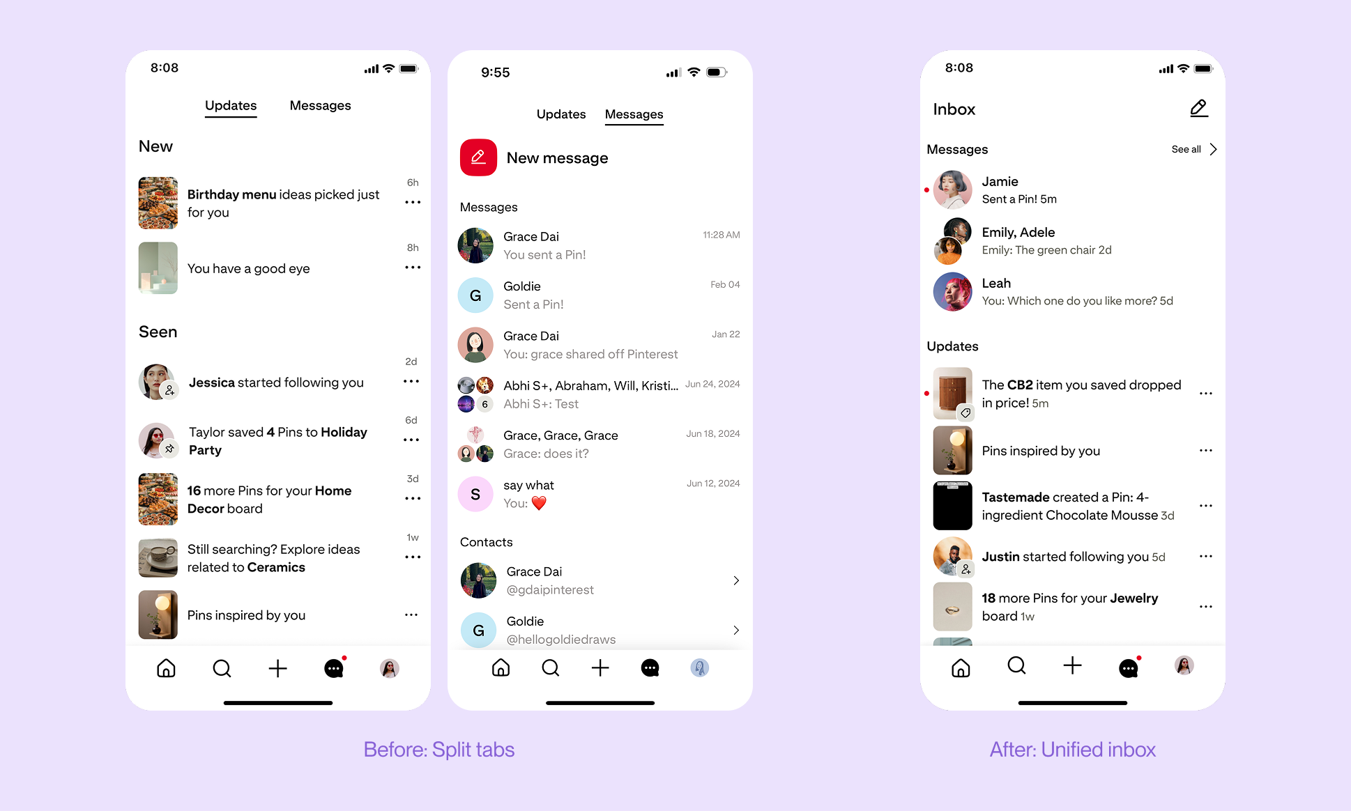 Pinterest unified inbox and messaging experience